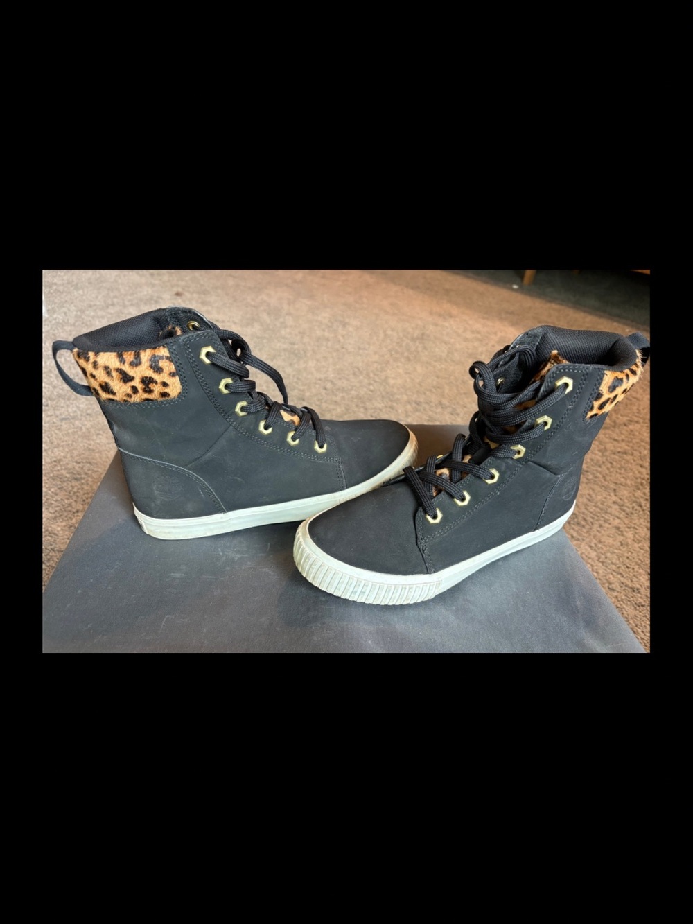 Timberland Black High-Top Sneakers with Leopard accents- Women's size 6.5